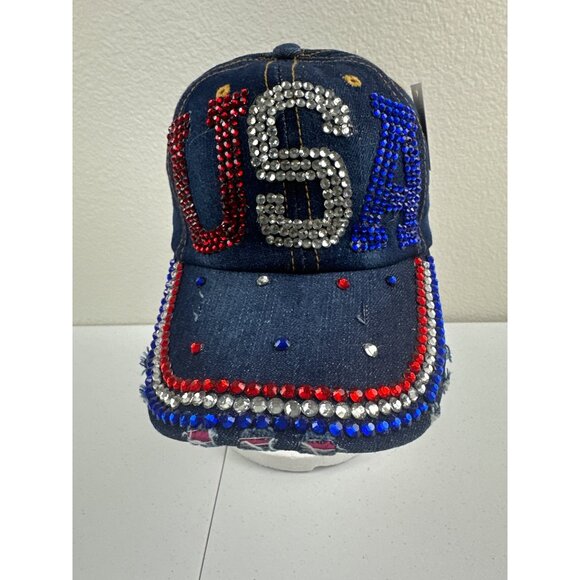 Sparkly Rhinestone USA Denim Baseball Cap By Bijorca - Picture 1 of 7